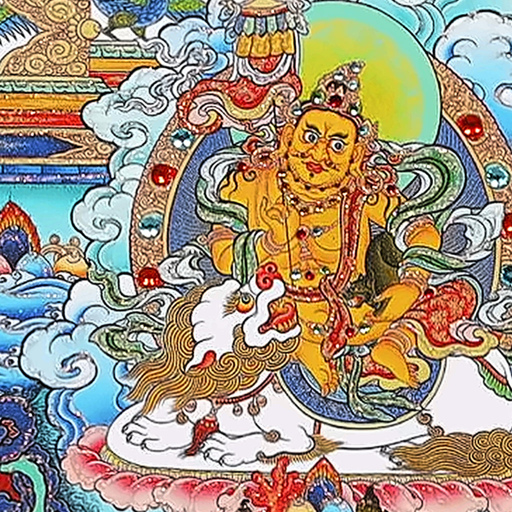 Green Tara thangka detail: Vaishravana, golden, seated on a white snow lion