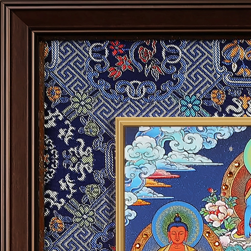 Green Tara thangka detail: corner of the blue silk brocade frame-within-a-frame
