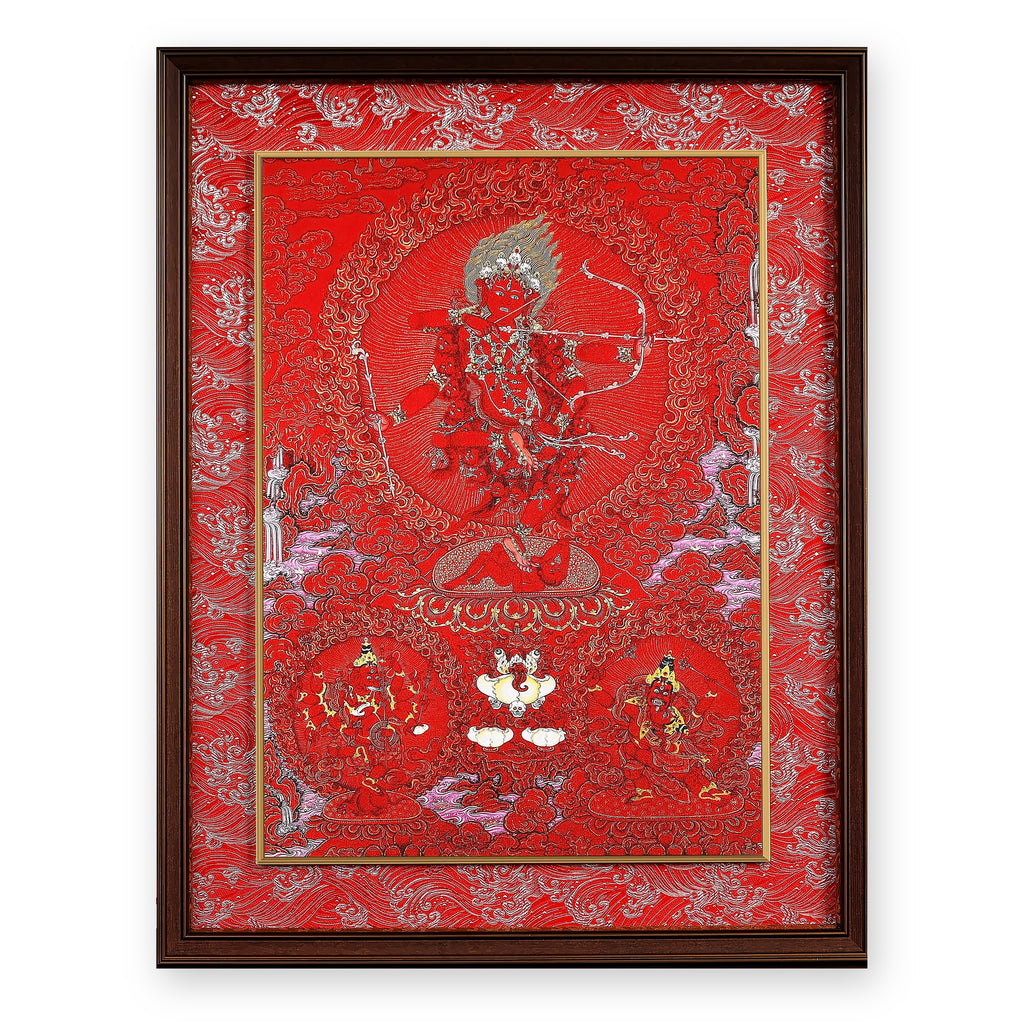 Kurukulla red thangka drawing a bow of flowers, framed in Crimson Cloud silk brocade, on a white background