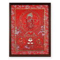 Kurukulla red thangka drawing a bow of flowers, framed in Crimson Cloud silk brocade, on a white background