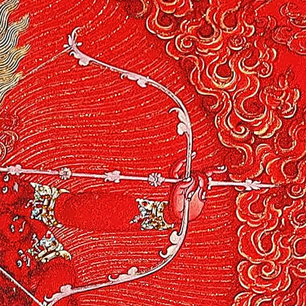Kurukulla thangka detail: bow and arrow made of flowers