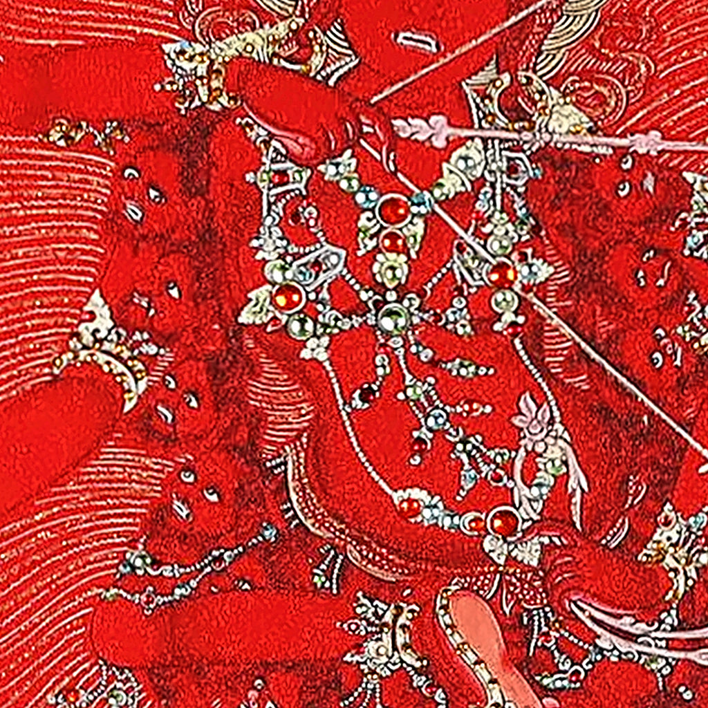 Kurukulla thangka detail: bone and jewel ornaments set with crystals