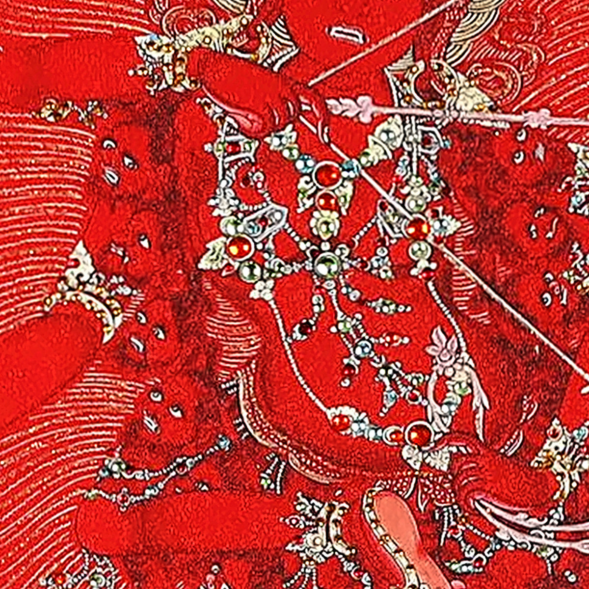 Kurukulla thangka detail: bone and jewel ornaments set with crystals