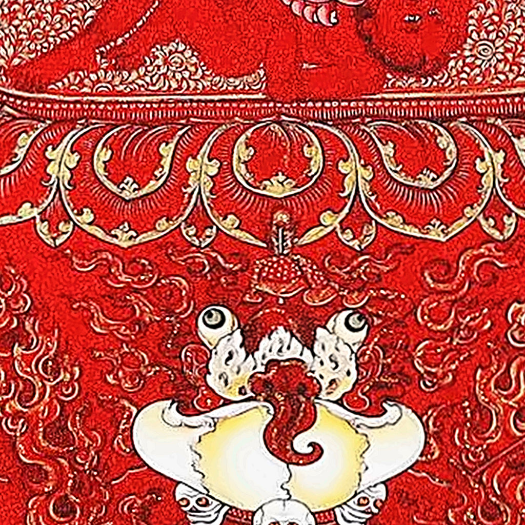 Kurukulla thangka detail: offerings in white skull bowls below