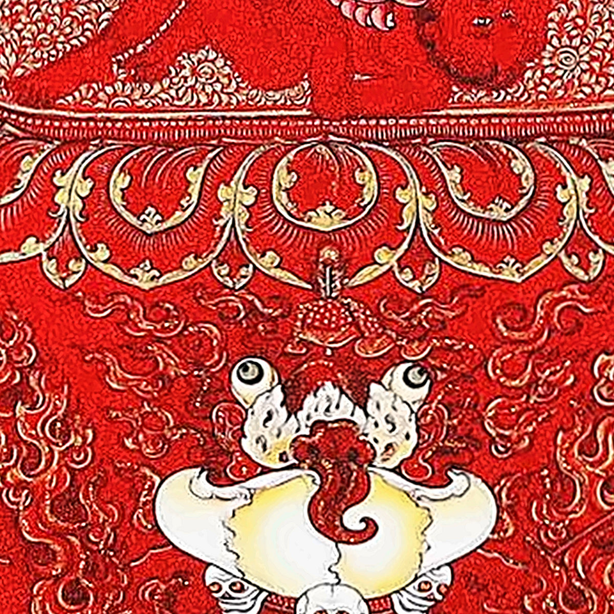 Kurukulla thangka detail: offerings in white skull bowls below
