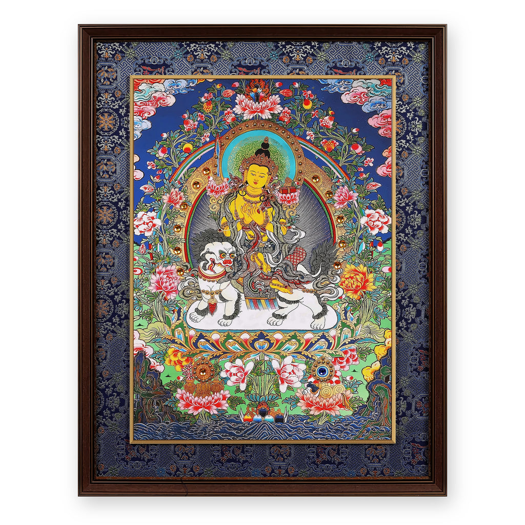 Lion's Roar Manjushri thangka on a white snow lion, framed in Night Sky silk brocade, on a white background