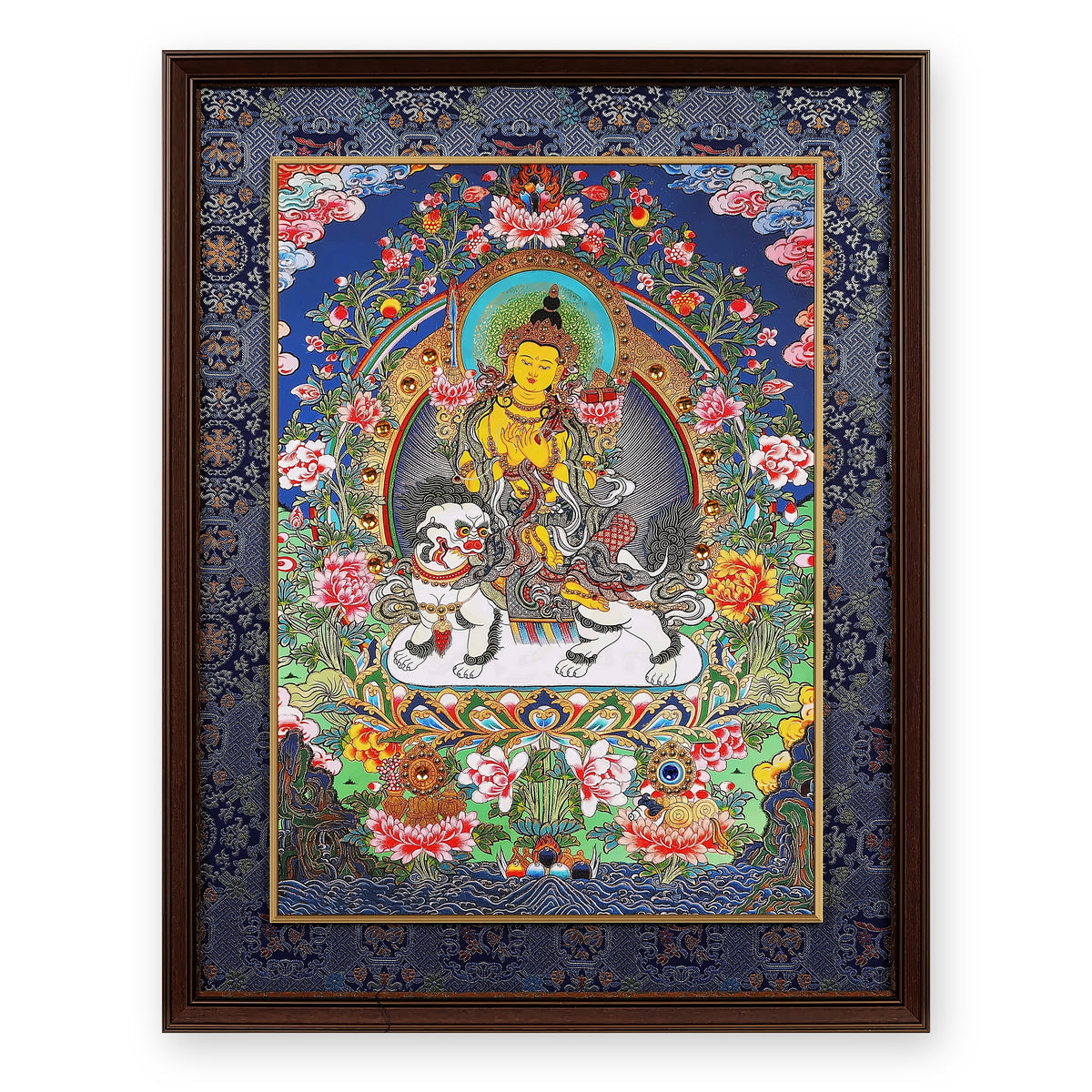 Lion's Roar Manjushri thangka on a white snow lion, framed in Night Sky silk brocade, on a white background