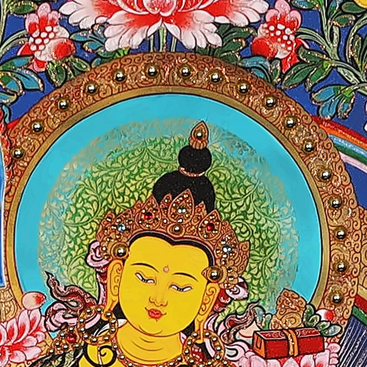 Lion's Roar Manjushri thangka detail: golden face, crown and topknot inside a turquoise halo