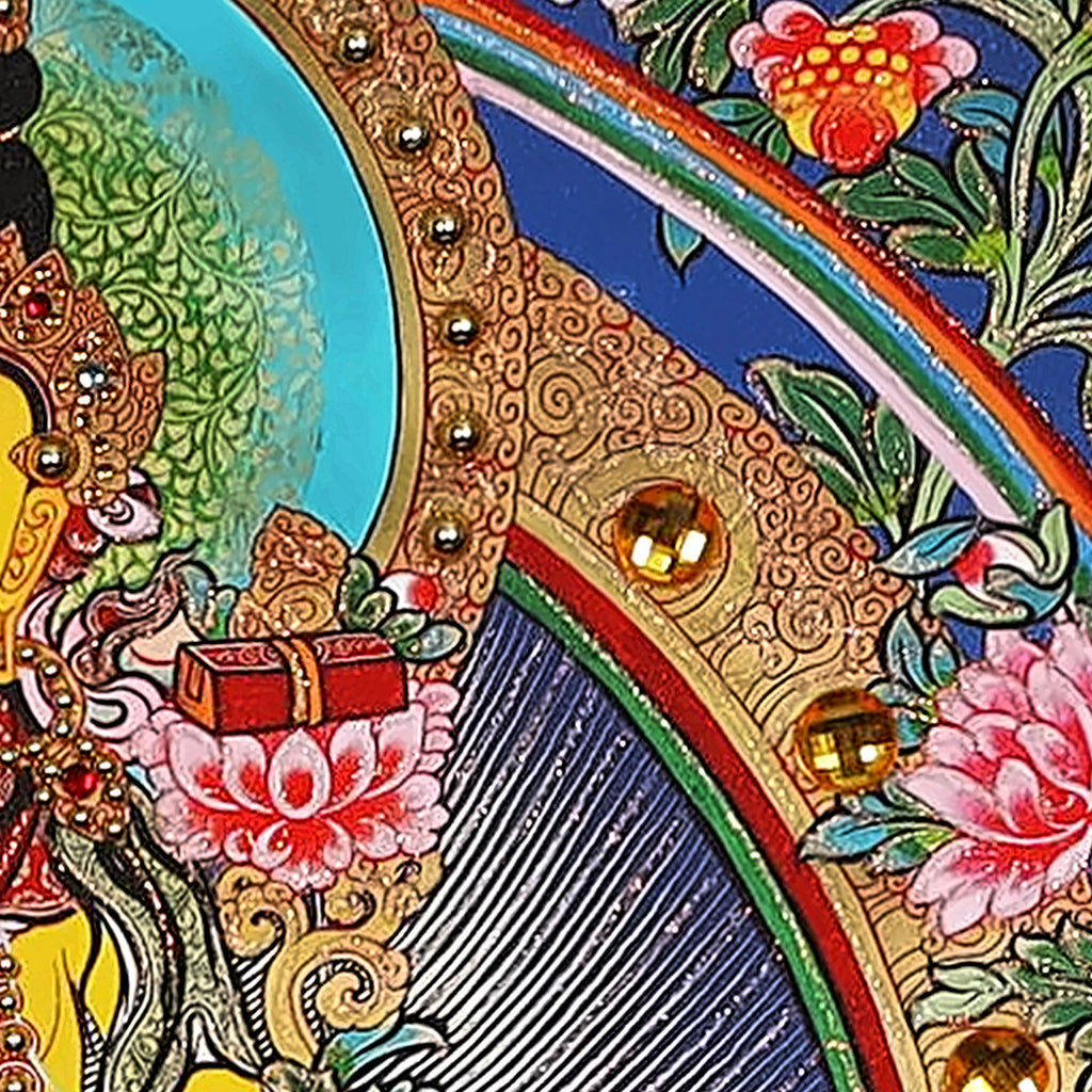 Lion's Roar Manjushri thangka detail: book on a lotus at his shoulder, amber crystals on the gold arch