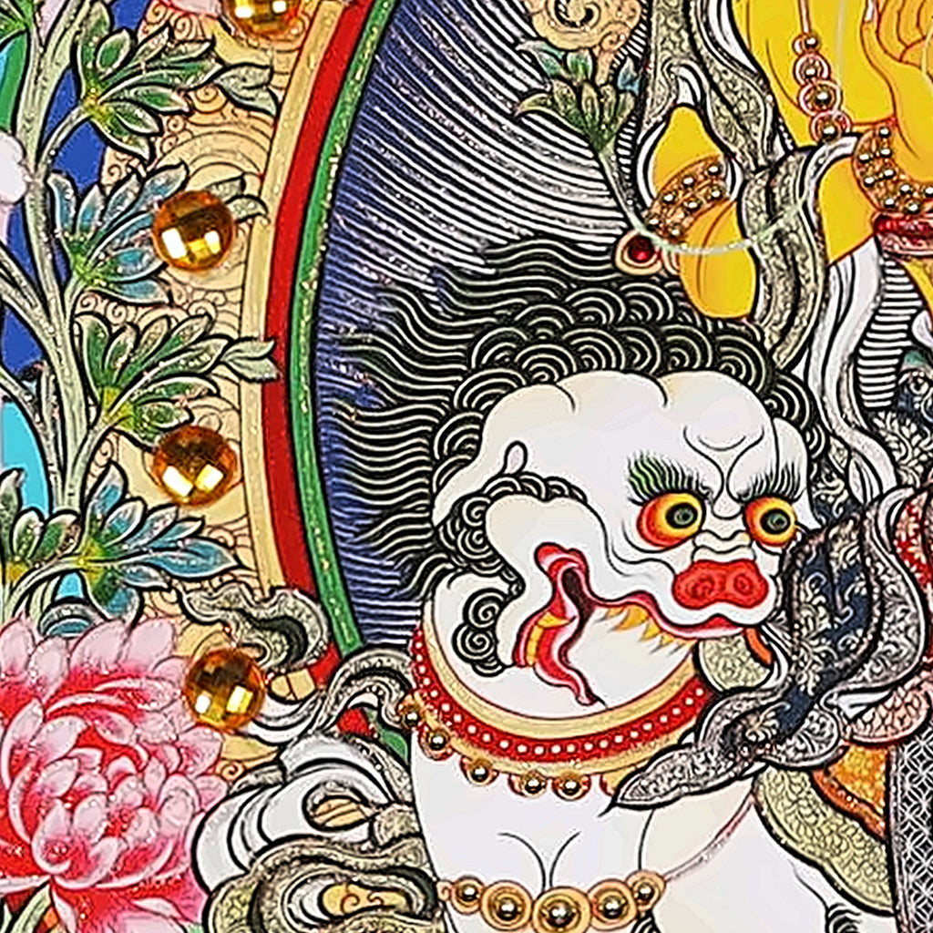 Lion's Roar Manjushri thangka detail: the white snow lion with black and green mane