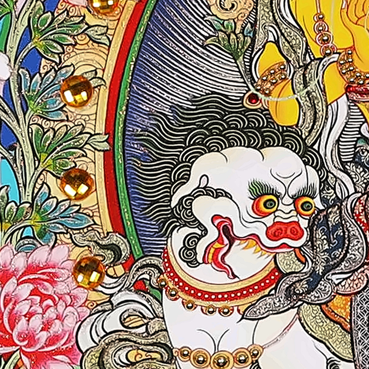 Lion's Roar Manjushri thangka detail: the white snow lion with black and green mane