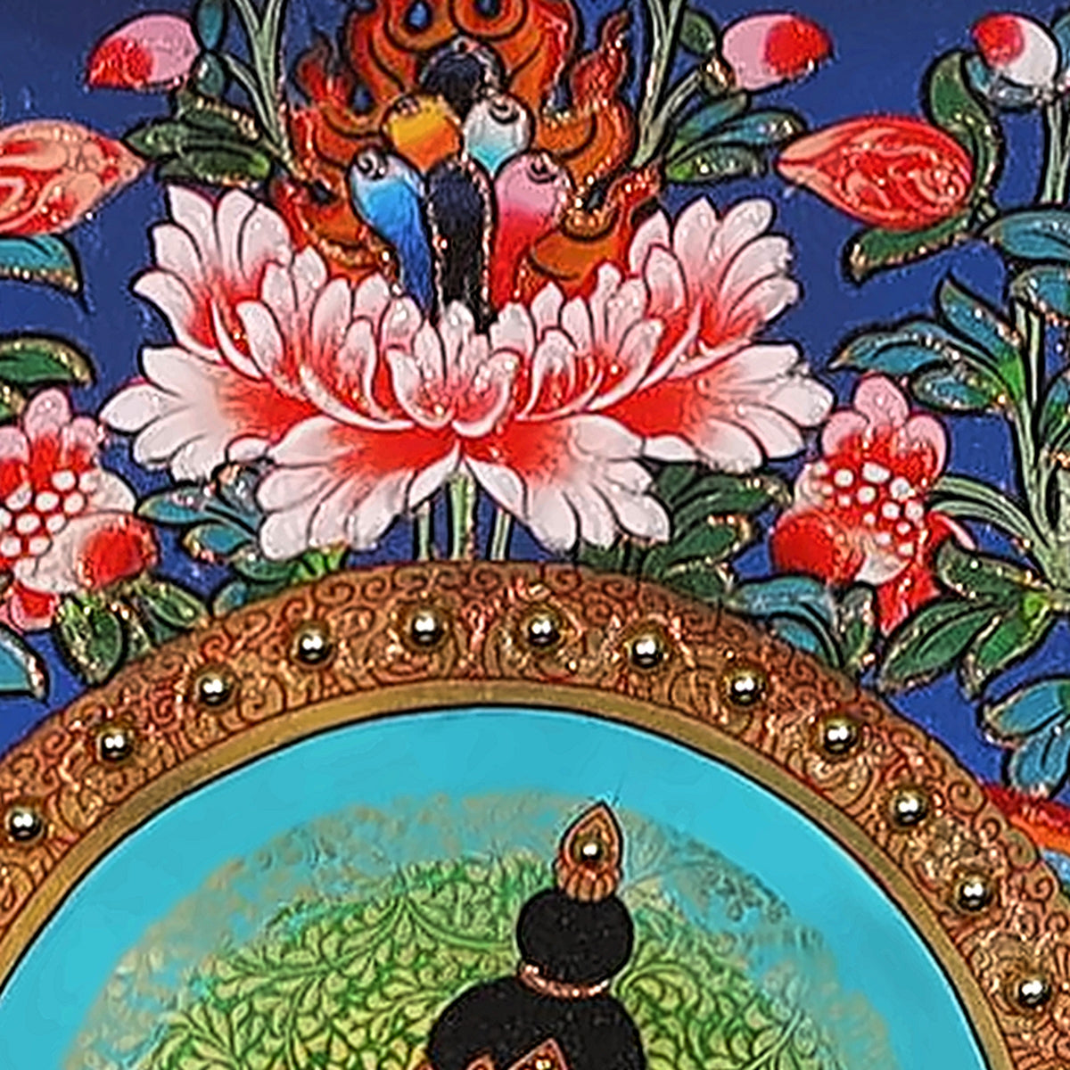 Lion's Roar Manjushri thangka detail: peonies on the night-blue ground above the halo