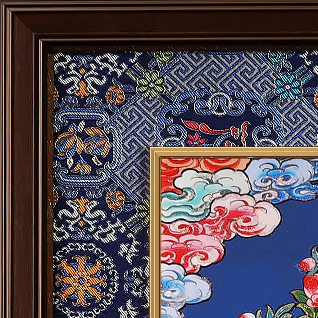 Lion's Roar Manjushri thangka detail: corner of the blue silk brocade frame-within-a-frame