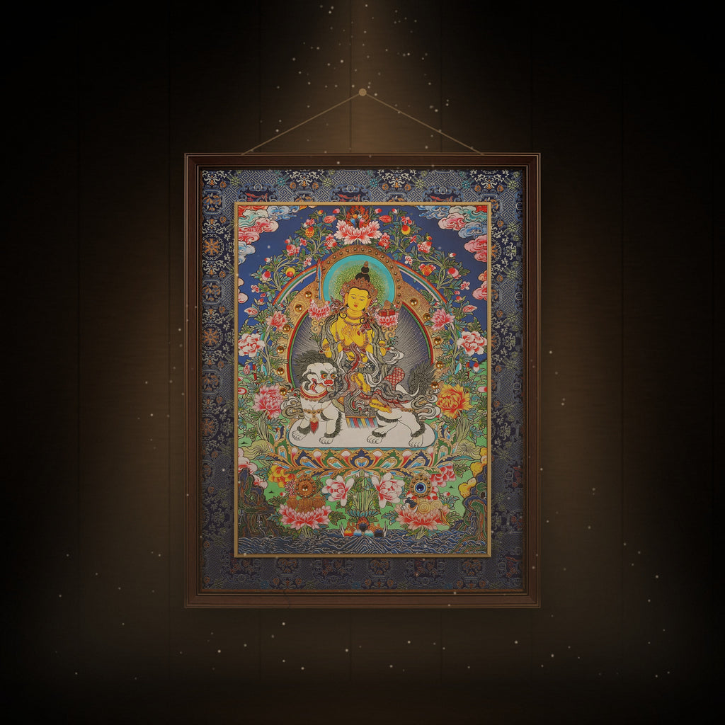Lion's Roar Manjushri thangka hanging in a room under warm light