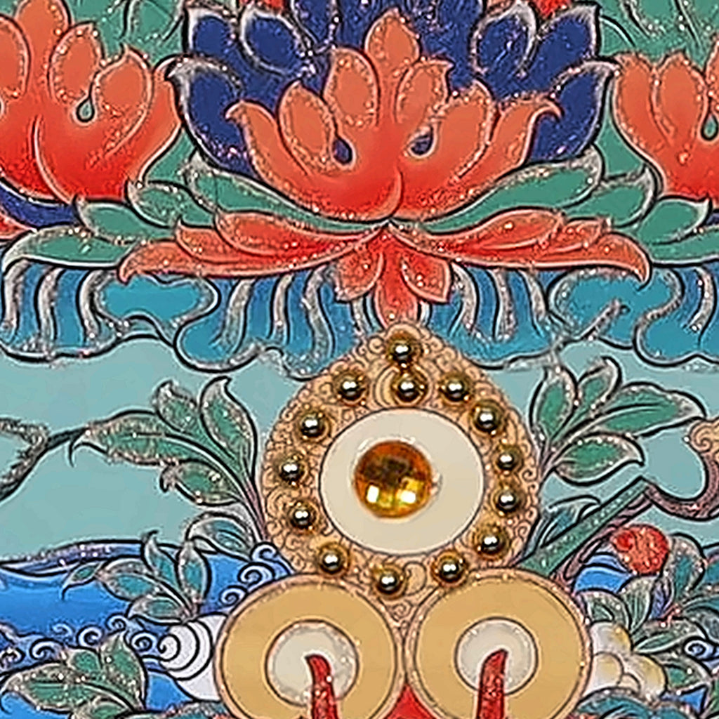 Manjushri thangka detail: jewel offering ringed in gold beads below the throne