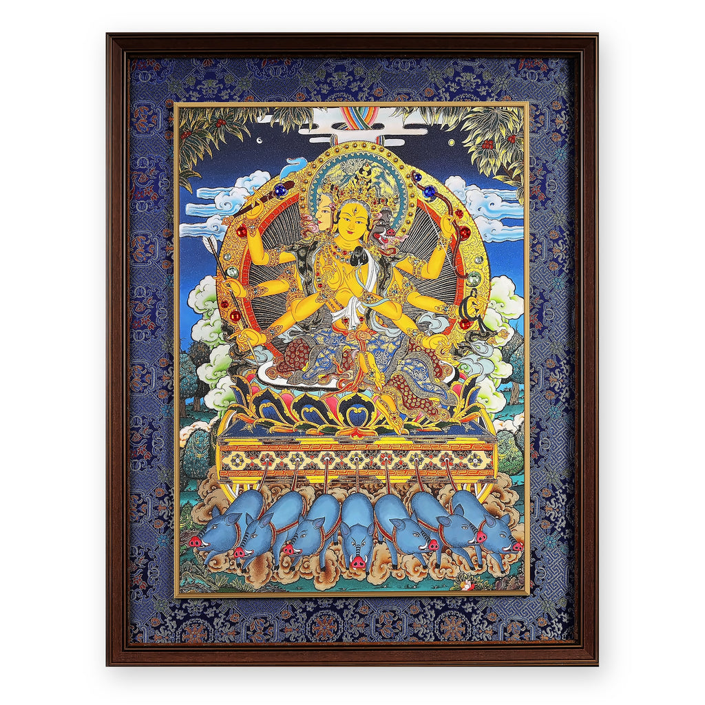 Marici thangka on a chariot drawn by seven blue boars, framed in Night Sky silk brocade, on a white background