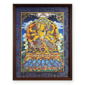 Marici thangka on a chariot drawn by seven blue boars, framed in Night Sky silk brocade, on a white background