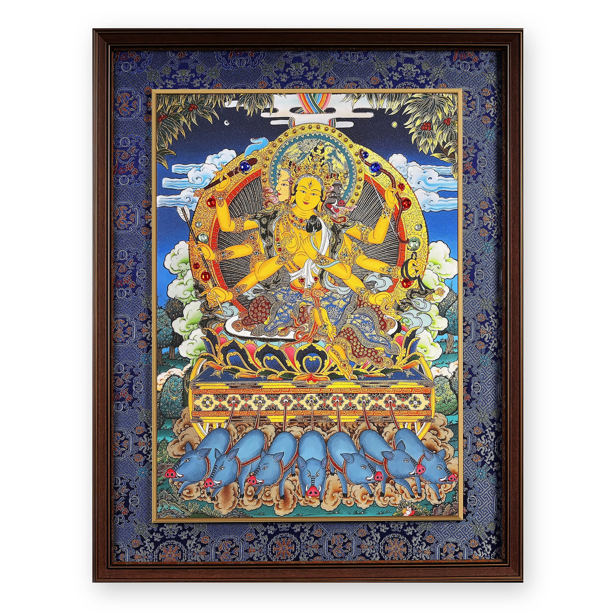 Marici thangka on a chariot drawn by seven blue boars, framed in Night Sky silk brocade, on a white background