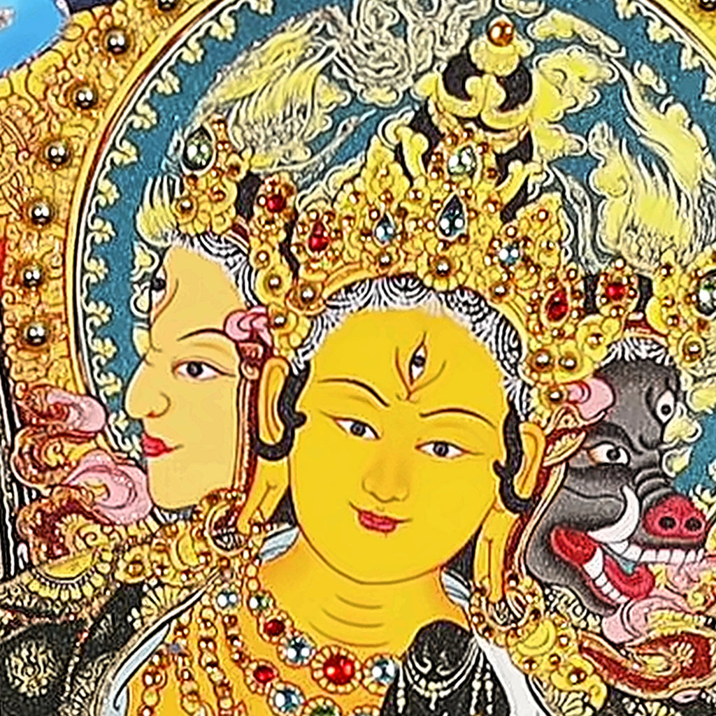 Marici thangka detail: three faces, golden, white and the dark face of a sow