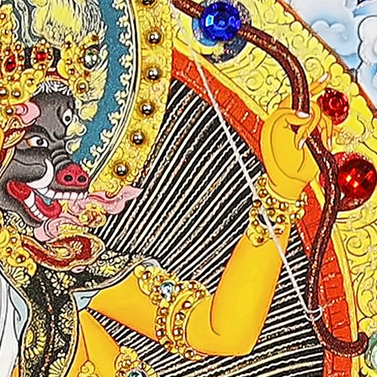 Marici thangka detail: crystals set by hand on the golden wheel
