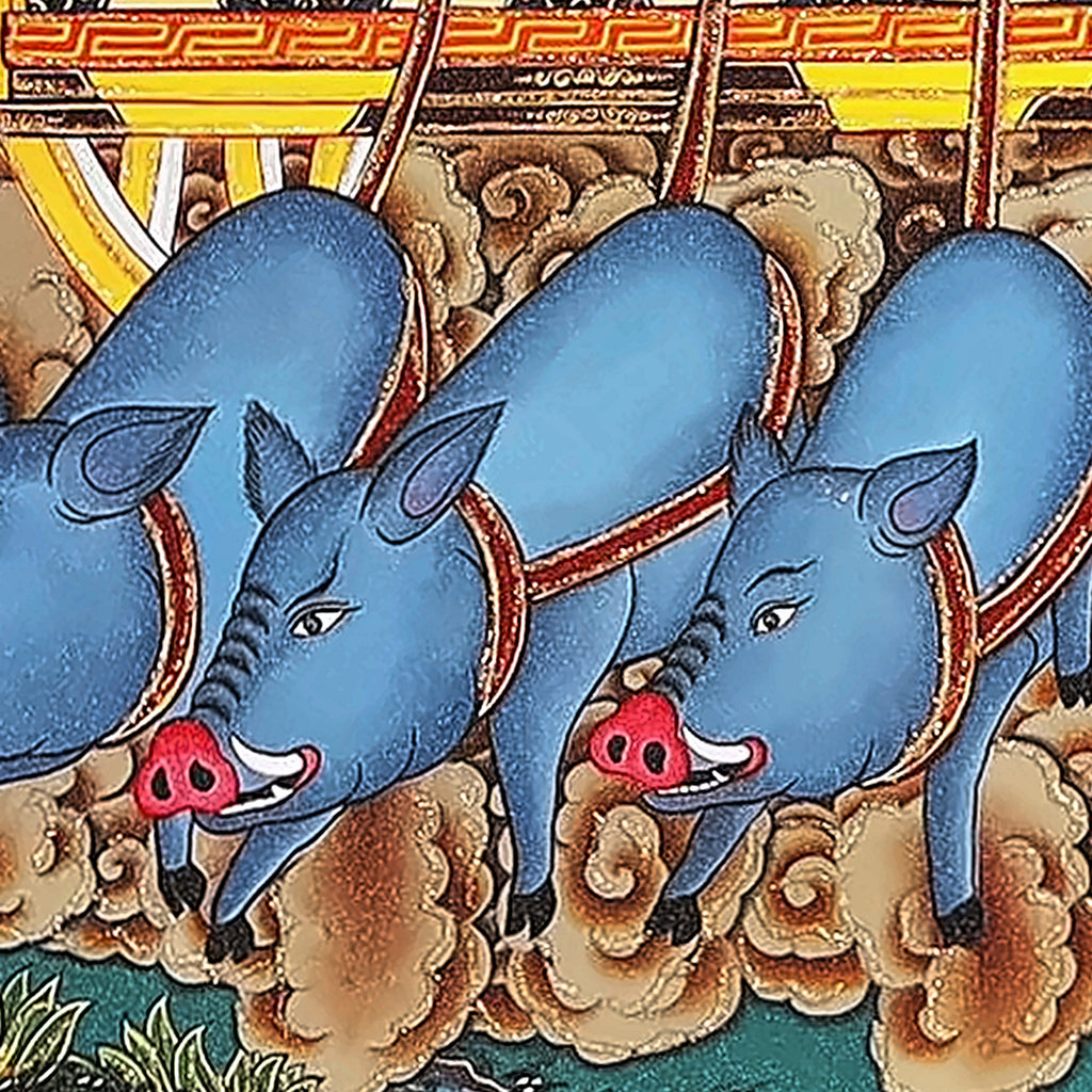 Marici thangka detail: seven blue boars in red harness