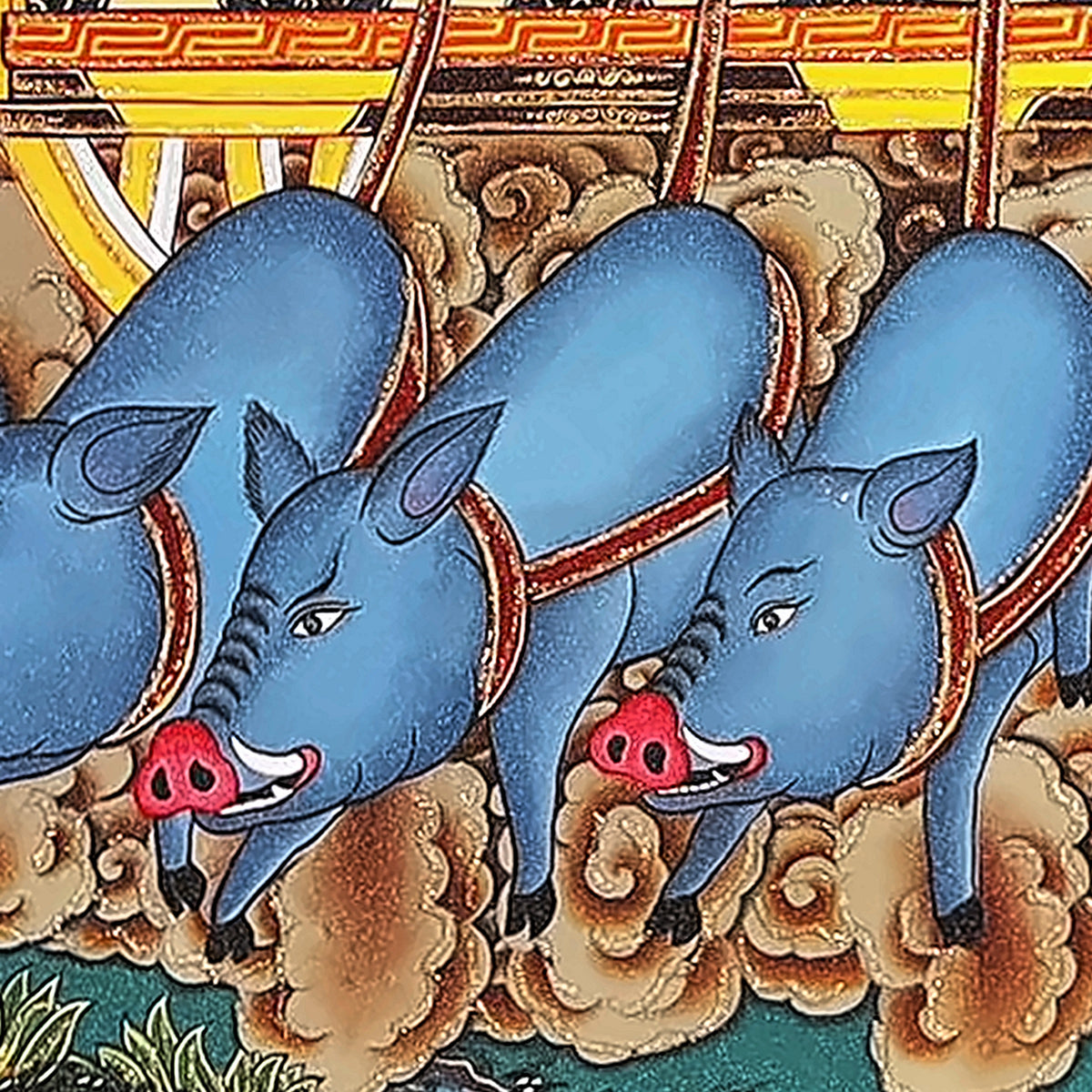 Marici thangka detail: seven blue boars in red harness