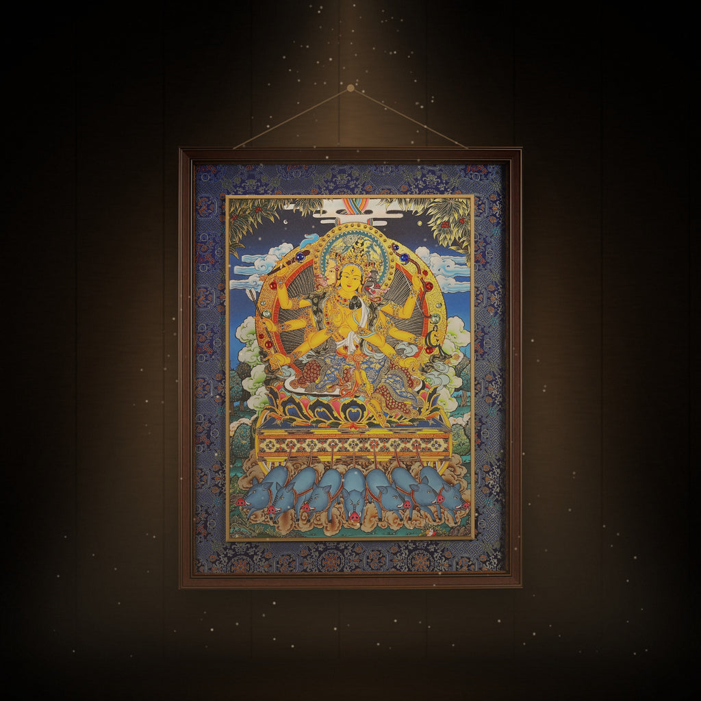 Marici thangka hanging in a room under warm light