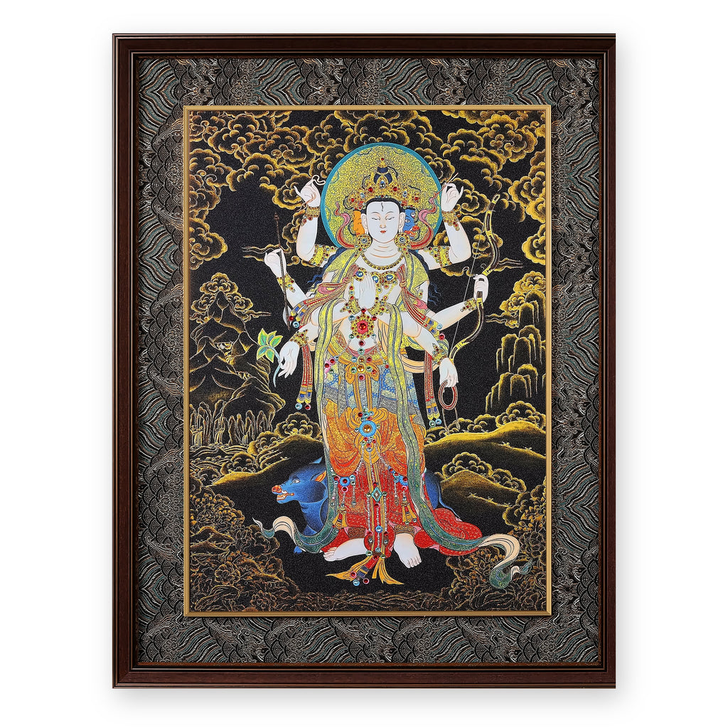 Standing Marici black and gold thangka, framed in Ink & Gold silk brocade, on a white background