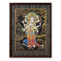Standing Marici black and gold thangka, framed in Ink & Gold silk brocade, on a white background