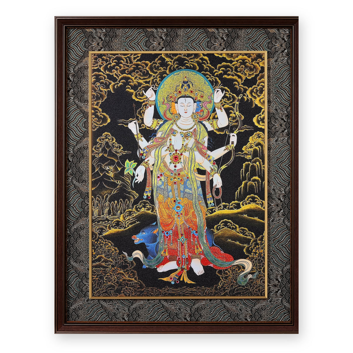 Standing Marici black and gold thangka, framed in Ink & Gold silk brocade, on a white background