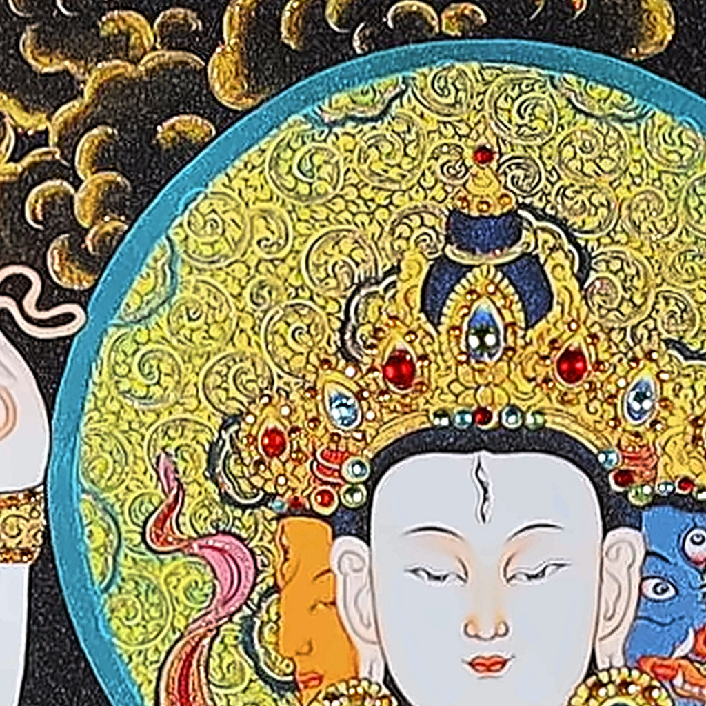 Marici thangka detail: white face under a crown set with crystals