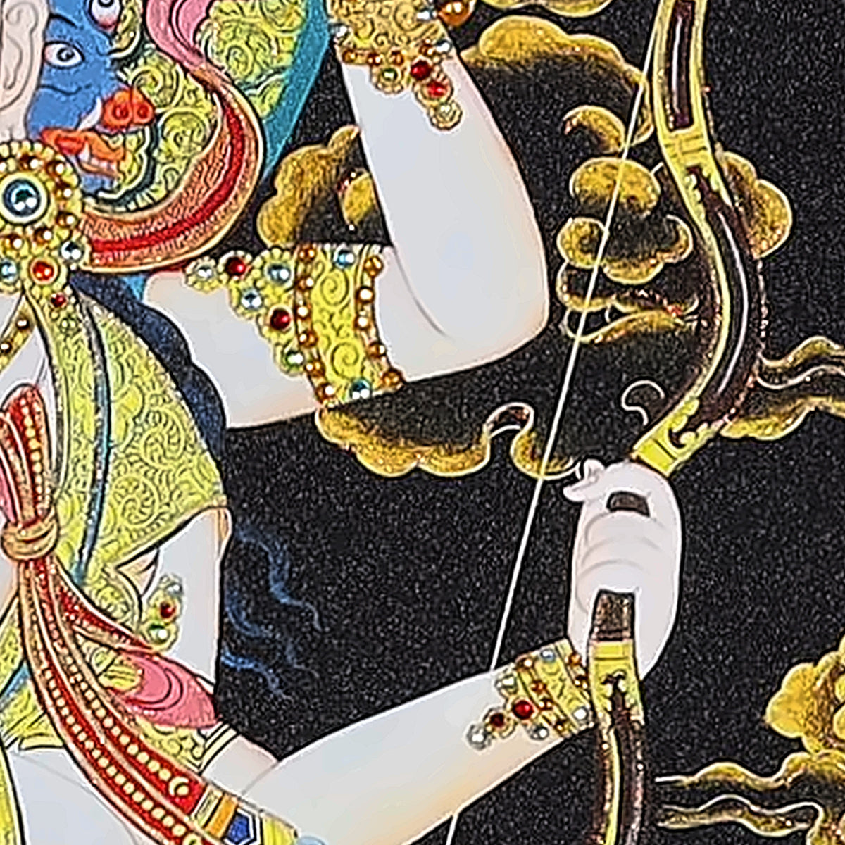 Marici thangka detail: hands holding a bow and arrow