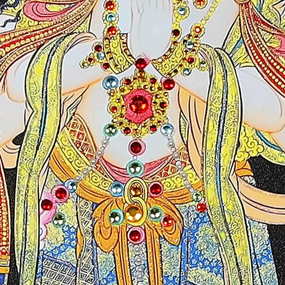 Marici thangka detail: jewelled girdle set with crystals