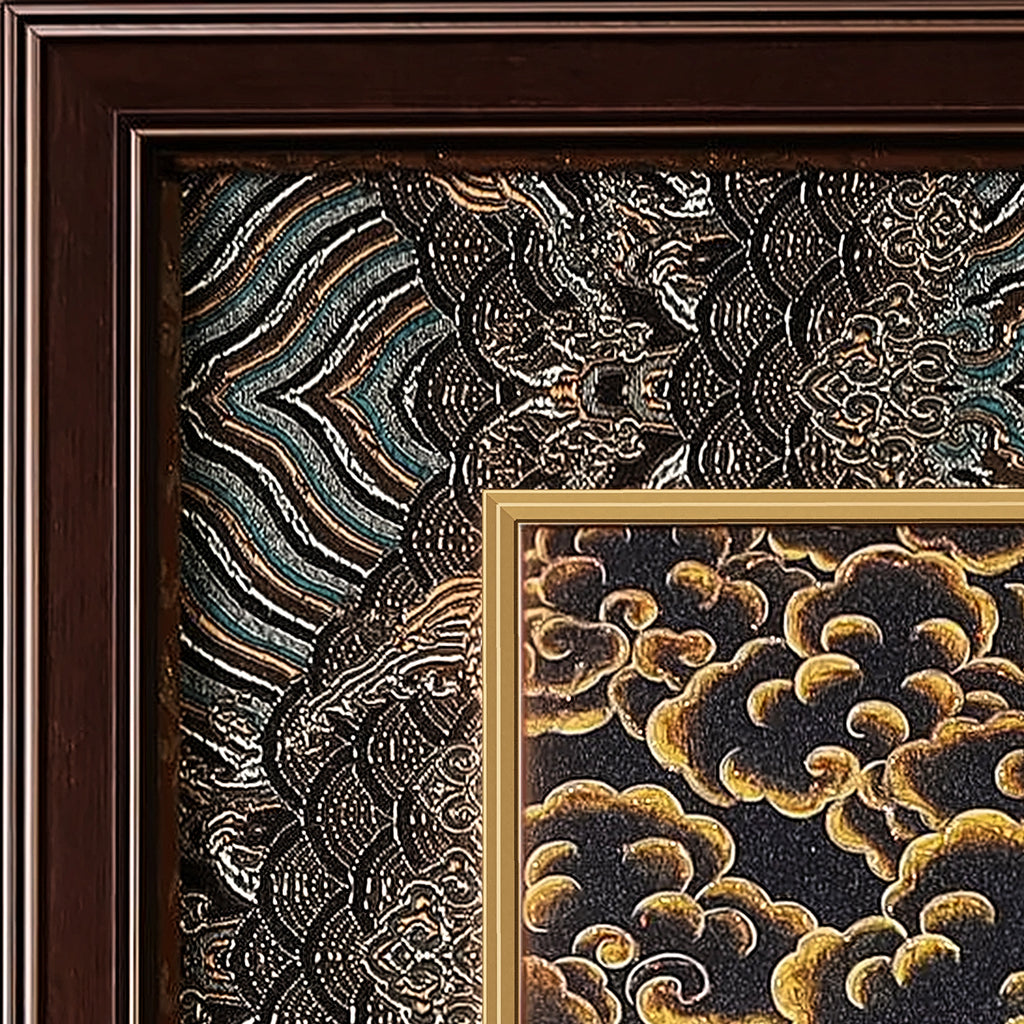 Marici thangka detail: corner of the black and silver silk brocade frame-within-a-frame
