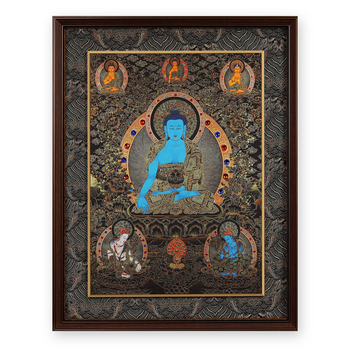 Medicine Buddha black and gold thangka with the Three Long-Life Deities above and two female protectors below, framed in Ink & Gold silk brocade, on a white background
