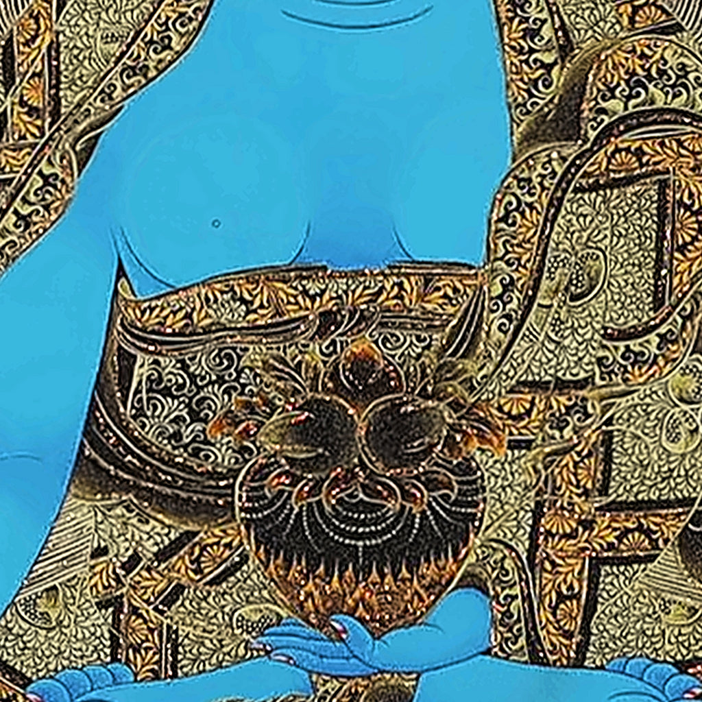 Medicine Buddha thangka detail: left hand in the lap holding a bowl, right hand in the giving gesture