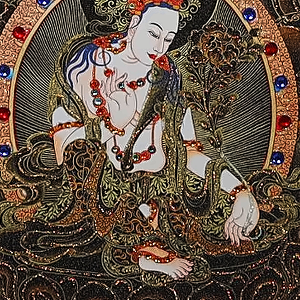 Medicine Buddha thangka detail: white female protector below the throne