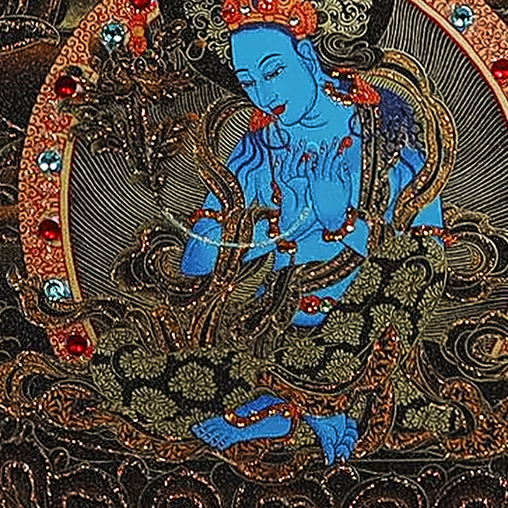 Medicine Buddha thangka detail: blue female protector below the throne
