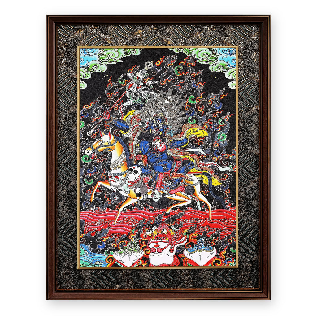 Palden Lhamo thangka, riding her mule across a red sea, framed in Ink & Gold silk brocade, on a white background