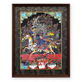 Palden Lhamo thangka, riding her mule across a red sea, framed in Ink & Gold silk brocade, on a white background