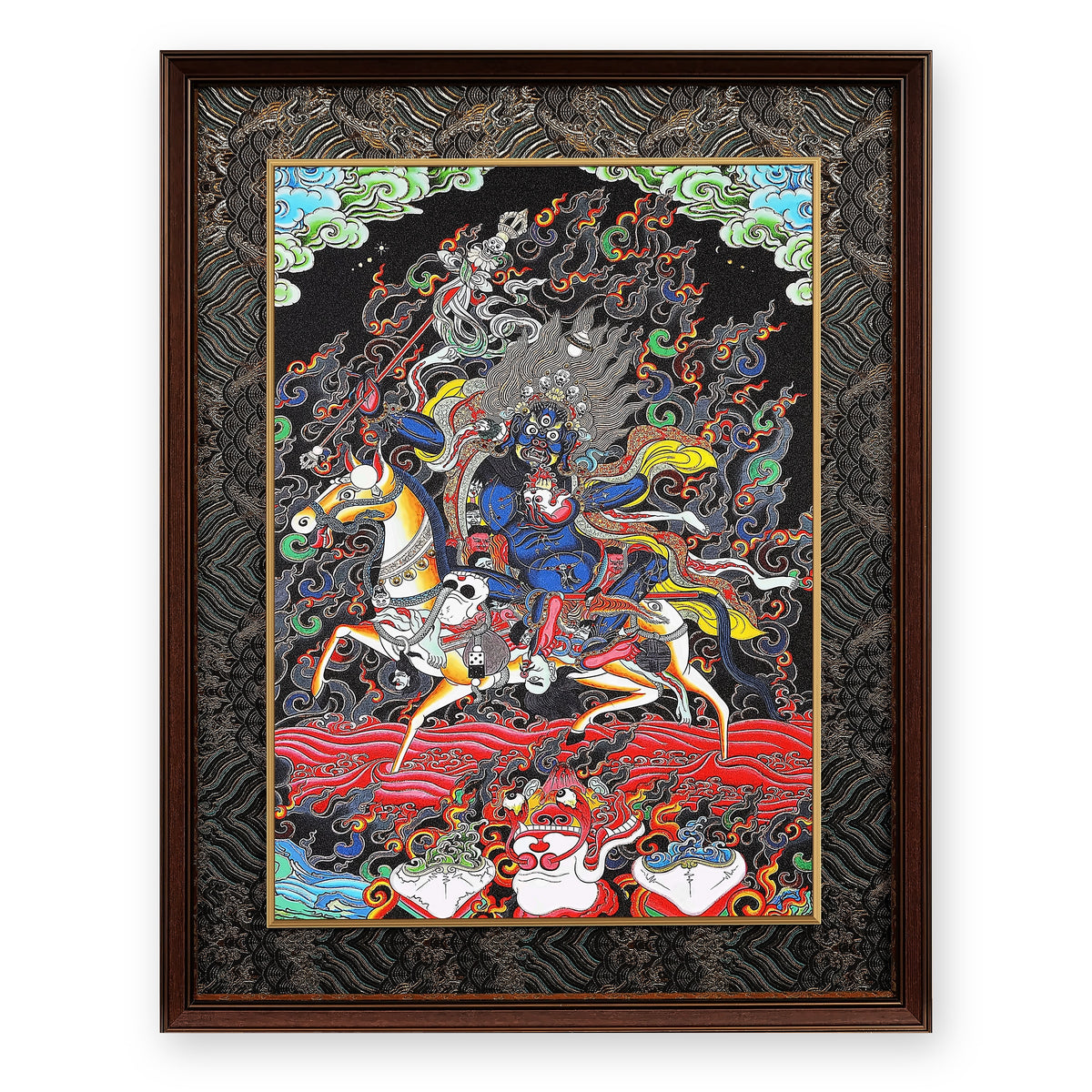 Palden Lhamo thangka, riding her mule across a red sea, framed in Ink & Gold silk brocade, on a white background