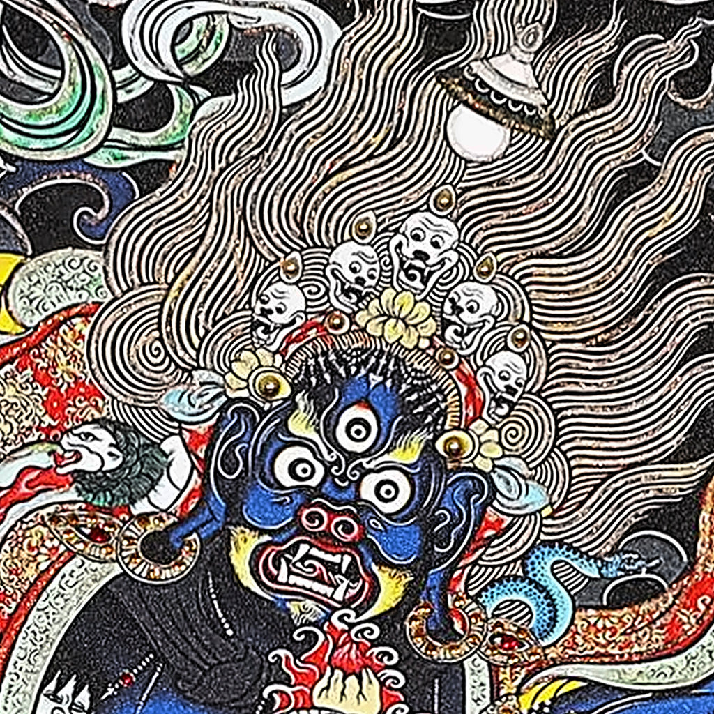 Palden Lhamo thangka detail: three-eyed dark blue face under a crown of skulls