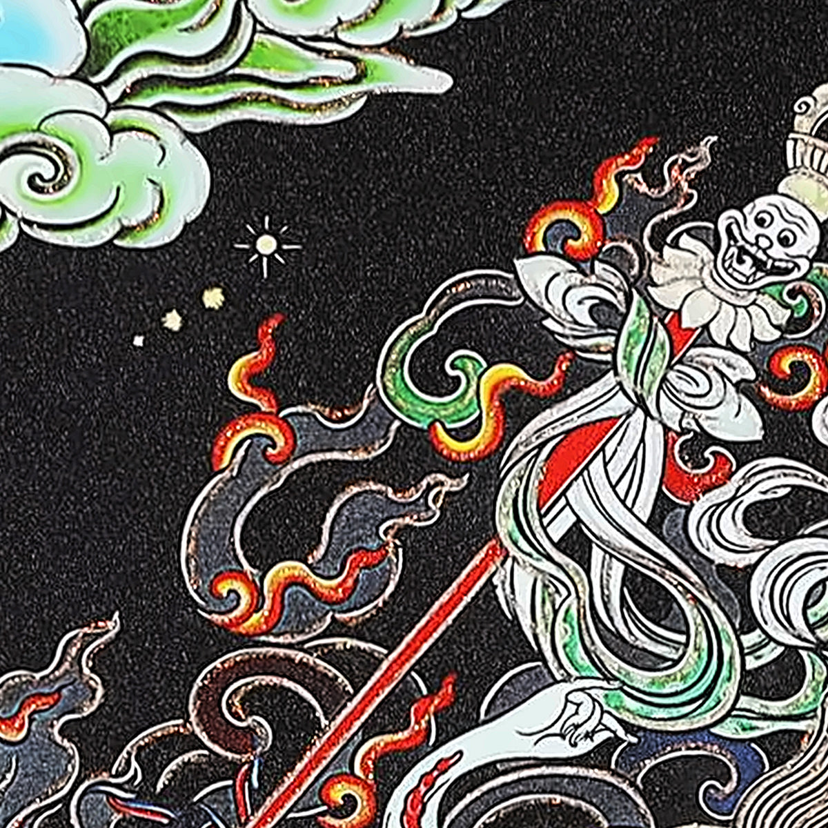 Palden Lhamo thangka detail: raised club topped with a vajra