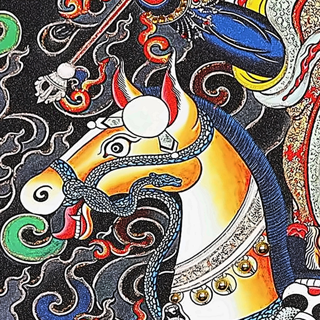 Palden Lhamo thangka detail: the mule's head with bells and harness