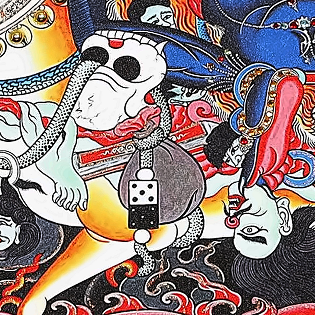 Palden Lhamo thangka detail: pouch of dice hanging from the saddle