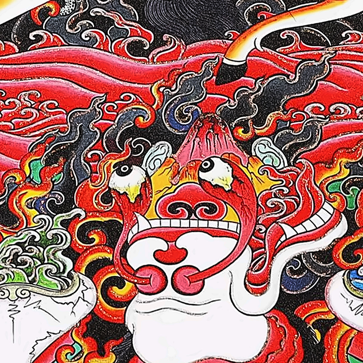 Palden Lhamo thangka detail: waves of the red sea and offerings below