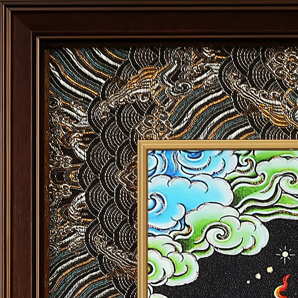 Palden Lhamo thangka detail: corner of the black and silver silk brocade frame-within-a-frame