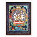Cundi (Zhunti) thangka, white and eighteen-armed on a lotus, framed in Night Sky silk brocade, on a white background