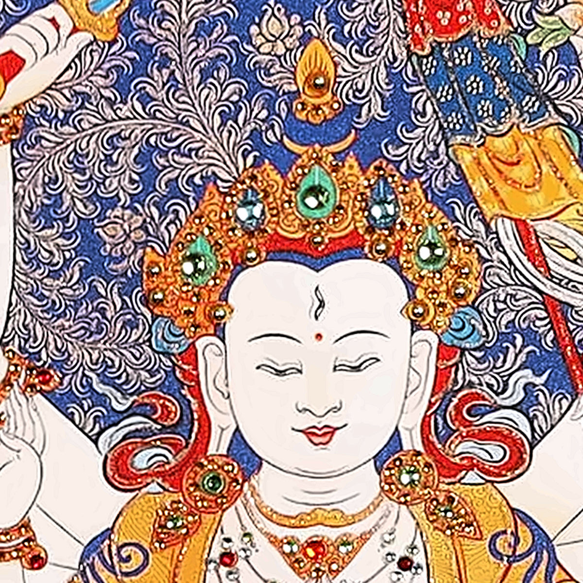 Cundi thangka detail: face with a third eye under a crown set with crystals