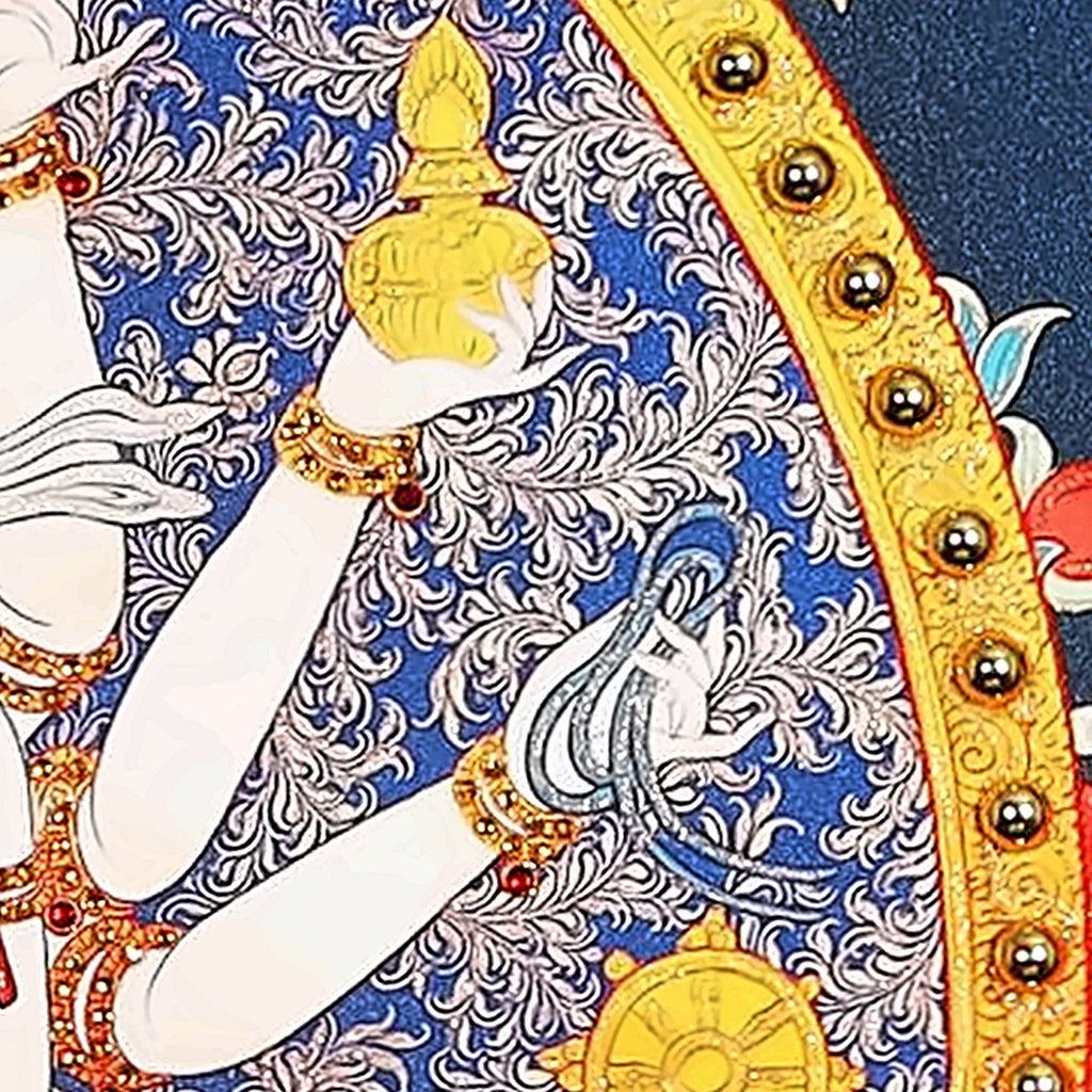 Cundi thangka detail: eighteen arms holding a vase, a wheel and other implements